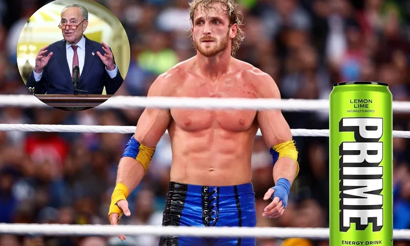 INGLEWOOD, CALIFORNIA - APRIL 01: Logan Paul during WrestleMania Goes Hollywood at SoFi Stadium on April 01, 2023 in Inglewood, California. (Photo by Ronald Martinez/Getty Images) / WASHINGTON, DC - JUNE 21: U.S. Senate Majority Leader Charles Schumer (D-NY) speaks to the media following the weekly policy luncheons at the U.S. Capitol on June 21, 2023 in Washington, DC. Schumer spoke on artificial intelligence and creating a framework for regulating the new technology. (Photo by Kevin Dietsch/Getty Images) / Canva edit
