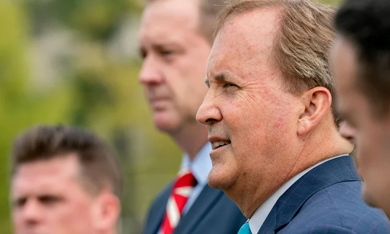 WASHINGTON, DC - APRIL 26: Texas Attorney General Ken Paxton (R) and Missouri Attorney General Eric Schmitt talk to reporters after the U.S. Supreme Court heard arguments in their case about Title 42 on April 26, 2022 in Washington, DC. Paxton and Schmitt, who is running for the U.S. Senate in Missouri, are suing to challenge the the Biden Administration's repeal of the Trump Migrant Protection Protocols—aka “Remain in Mexico.” (Photo by Chip Somodevilla/Getty Images)
