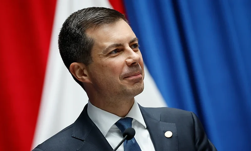 WASHINGTON, DC - MAY 09: U.S. Transportation Secretary Pete Buttigieg delivers remarks at the naming ceremony for the Transportation Department building on May 09, 2023 in Washington, DC. The Department of Transportation headquarters building was officially named the William T. Coleman, Jr and Norman Y. Mineta Federal Building in honor of the two past Secretaries of Transportation. (Photo by Kevin Dietsch/Getty Images)
