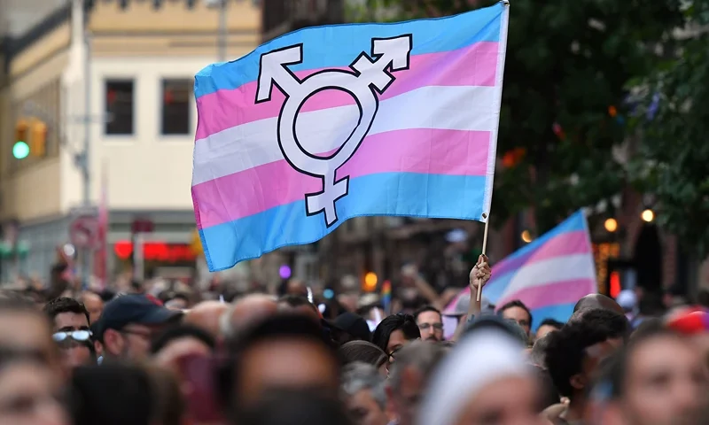 US-HISTORY-RIGHTS-GAYS-STONEWALL-50TH-ANNIVERSARY A person holds a transgender pride flag as people gather on Christopher Street outside the Stonewall Inn for a rally to mark the 50th anniversary of the Stonewall Riots in New York, June 28, 2019. - The June 1969 riots, sparked by repeated police raids on the Stonewall Inn -- a well-known gay bar in New York's Greenwich Village -- proved to be a turning point in the LGBTQ community's struggle for civil rights. (Photo by ANGELA WEISS / AFP) (Photo credit should read ANGELA WEISS/AFP via Getty Images)