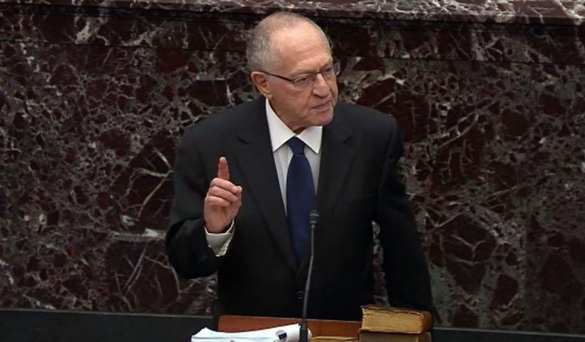 WASHINGTON, DC - JANUARY 27: In this screenshot taken from a Senate Television webcast, Legal Counsel for President Donald Trump, Alan Dershowitz speaks during impeachment proceedings against U.S. President Donald Trump in the Senate at the U.S. Capitol on January 27, 2020 in Washington, DC. Democratic House managers have concluded their opening arguments and President Trump's lawyers now continue to present their defense. (Photo by Senate Television via Getty Images)