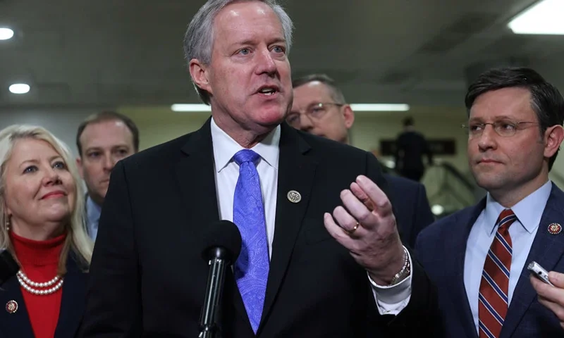 WASHINGTON, DC - JANUARY 29: U.S. Rep. Mark Meadows (R-NC) speaks to members of the media as Rep. Debbie Lesko (R-AZ), Rep. Lee Zeldin (R-NY), Rep. Doug Collins (R-GA) and Rep. Mike Johnson (R-LA) listen prior to the continuation of the Senate impeachment trial against President Donald Trump at the U.S. Capitol January 29, 2020 in Washington, DC. The next phase of the trial, in which senators will be allowed to ask written questions, will extend into tomorrow. (Photo by Alex Wong/Getty Images)
