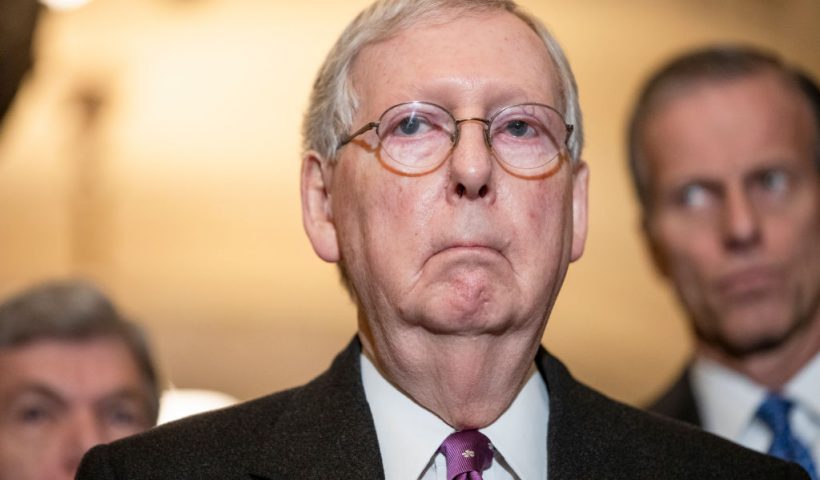 WASHINGTON, DC - MARCH 10: Senate Majority Leader Mitch McConnell (R-KY) speaks to reporters following the Senate Republican policy luncheon which both President Donald Trump and Vice President Mike Pence attended on March 10, 2020 in Washington, DC. Lawmakers focused on the spread of the coronavirus and the state of the economy as markets react to the virus during the luncheon. (Photo by Samuel Corum/Getty Images)