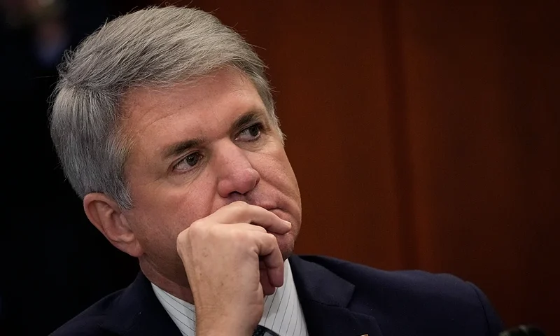 WASHINGTON, DC - AUGUST 30: Rep. Michael McCaul (R-TX) listens to discussion about the American military withdrawal in Afghanistan, during a meeting with House Republicans, including those who served in the military, on August 30, 2021 in Washington, DC. House Minority Leader Kevin McCarthy called on Speaker of the House Nancy Pelosi to bring Congress back into session this week to address remaining issues in Afghanistan. (Photo by Drew Angerer/Getty Images)