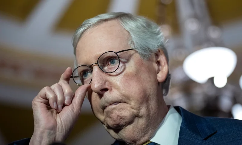 Senators Meet For Their Policy Luncheons On Capitol Hill WASHINGTON, DC - MARCH 7: Senate Minority Leader Mitch McConnell (R-KY) speaks during a news conference at the U.S. Capitol on March 7, 2023 in Washington, DC. McConnell spoke on a range of issues after a closed-door lunch meeting with Senate Republicans. (Photo by Drew Angerer/Getty Images)