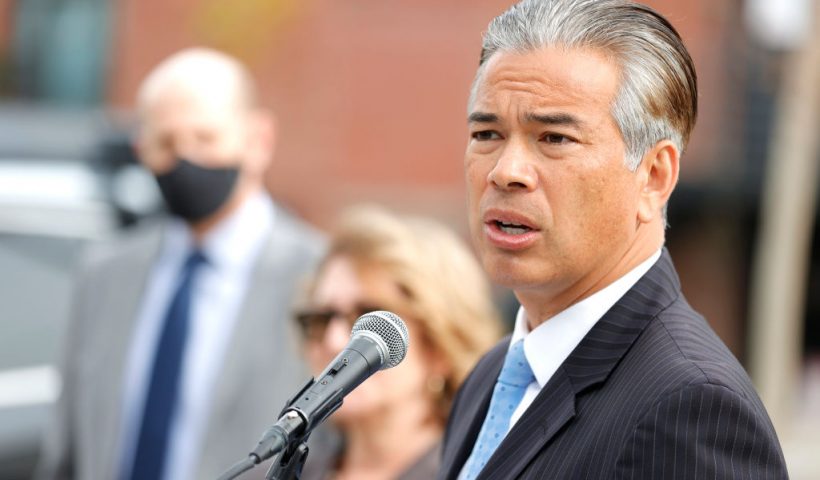 California Attorney General Rob Bonta speaks during a news conference outside of an Amazon distribution facility on November 15, 2021 in San Francisco, California. Bonta announced that Amazon Inc. will have to pay a $500,000 fine after the company failed to adequately notify workers and officials about coronavirus cases at its facilities pursuant to California Assembly Bill 865. The bill also requires companies to share COVID-19 safety plans, benefits and protections with employees. (Photo by Justin Sullivan/Getty Images)
