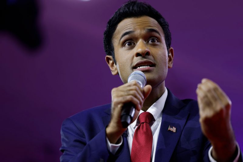 NATIONAL HARBOR, MARYLAND - MARCH 03: Republican presidential candidate Vivek Ramaswamy, speaks during the annual Conservative Political Action Conference (CPAC) at the Gaylord National Resort Hotel And Convention Center on March 03, 2023 in National Harbor, Maryland. The annual conservative conference entered its second day of speakers including congressional members, media personalities and members of former President Donald Trump's administration. President Donald Trump will address the event on Saturday. (Photo by Anna Moneymaker/Getty Images)