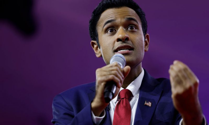 NATIONAL HARBOR, MARYLAND - MARCH 03: Republican presidential candidate Vivek Ramaswamy, speaks during the annual Conservative Political Action Conference (CPAC) at the Gaylord National Resort Hotel And Convention Center on March 03, 2023 in National Harbor, Maryland. The annual conservative conference entered its second day of speakers including congressional members, media personalities and members of former President Donald Trump's administration. President Donald Trump will address the event on Saturday. (Photo by Anna Moneymaker/Getty Images)