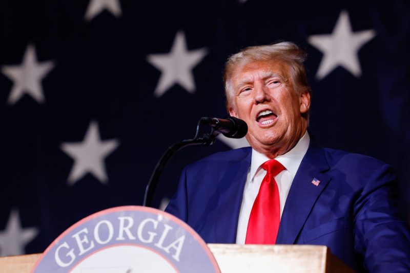 COLUMBUS, GEORGIA - JUNE 10: Former U.S. President Donald Trump delivers remarks during the Georgia state GOP convention at the Columbus Convention and Trade Center on June 10, 2023 in Columbus, Georgia. On Friday, former President Trump was indicted by a federal grand jury on 37 felony counts in Special Counsel Jack Smith’s classified documents probe. (Photo by Anna Moneymaker/Getty Images)