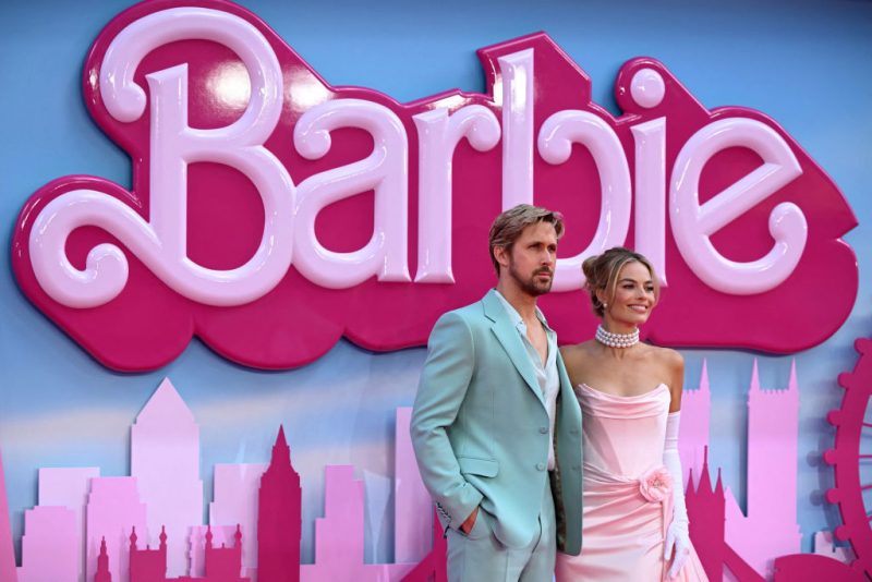 Canadian actor Ryan Gosling and Australian actress Margot Robbie (R) pose on the pink carpet upon arrival for the European premiere of "Barbie" in central London on July 12, 2023. (Photo by JUSTIN TALLIS / AFP) (Photo by JUSTIN TALLIS/AFP via Getty Images)