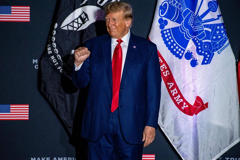US-POLITICS-VOTE-TRUMP
Former US President and 2024 presidential hopeful Donald Trump arrives to speak during a campaign rally at Windham High School in Windham, New Hampshire, on August 8, 2023. (Photo by Joseph Prezioso / AFP) (Photo by JOSEPH PREZIOSO/AFP via Getty Images)