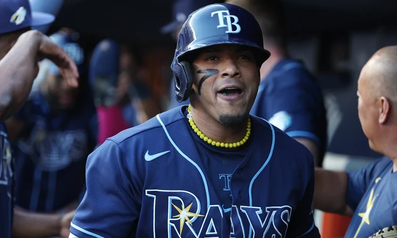 Tampa Bay Rays v New York Yankees NEW YORK, NEW YORK - AUGUST 02: Wander Franco #5 of the Tampa Bay Rays celebrates after hitting a 2 run home run against Gerrit Cole #45 of the New York Yankees in the first inning during their game at Yankee Stadium on August 2, 2023 in Bronx borough of New York City. (Photo by Al Bello/Getty Images)