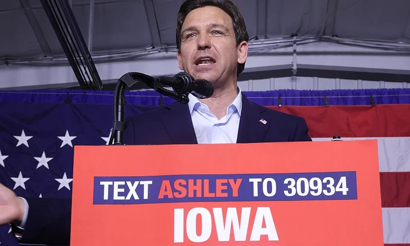 CEDAR RAPIDS, IOWA - AUGUST 06: Republican presidential candidate Florida Governor Ron DeSantis Speaks to guests at Ashley's BBQ Bash hosted by Congresswoman Ashley Hinson (R-IA) on August 06, 2023 in Cedar Rapids, Iowa. Seven of the 14 GOP candidates seeking the party's nomination for president were scheduled to speak at the event. (Photo by Scott Olson/Getty Images)