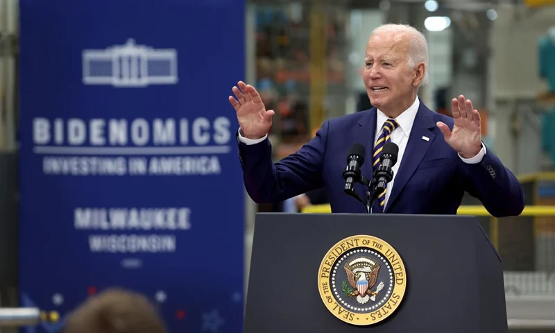 MILWAUKEE, WISCONSIN - AUGUST 15: U.S. President Joe Biden speaks to guests at Ingeteam Inc., an electrical equipment manufacturer, on August 15, 2023 in Milwaukee, Wisconsin. Biden used the opportunity to speak about his "Bidenomics" economic plan on the one-year anniversary of the Inflation Reduction Act of 2022. (Photo by Scott Olson/Getty Images)