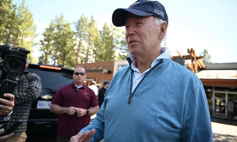 US President Joe Biden speaks to the press after attending a pilates class in South Tahoe, California, on August 25, 2023. (Photo by Mandel NGAN / AFP) (Photo by MANDEL NGAN/AFP via Getty Images)