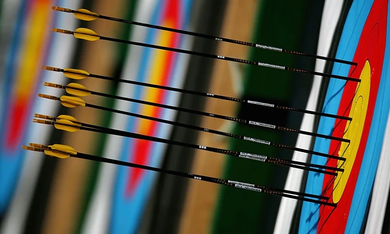 ATHENS - AUGUST 17: Arrows are seen embedded in a target during practice for the women's individual eliminations match on August 17, 2004 during the Athens 2004 Summer Olympic Games at Panathinaiko Stadium in Athens, Greece. (Photo by Jamie Squire/Getty Images)