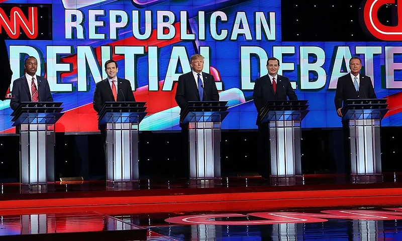 HOUSTON, TX - FEBRUARY 25: Republican presidential candidates Ben Carson, Florida Sen. Marco Rubio (R-FL), Donald Trump, Texas Sen. Ted Cruz (R-TX) and Ohio Gov. John Kasich (L-R) stand on stage for the Republican National Committee Presidential Primary Debate at the University of Houston's Moores School of Music Opera House on February 25, 2016 in Houston, Texas. The candidates are meeting for the last Republican debate before the Super Tuesday primaries on March 1. (Photo by Joe Raedle/Getty Images)