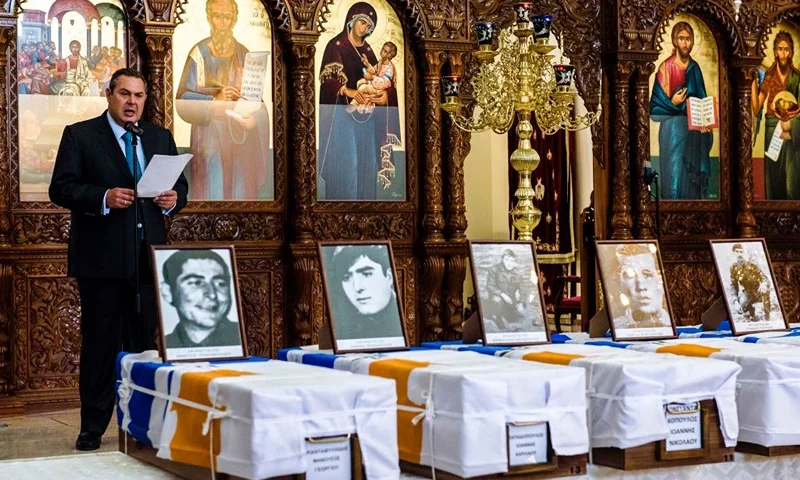 Greek Defence Minister Panos Kammenos speaks at an official ceremony at the Church of Theou Sofias ("Divine Wisdom") in the capital Nicosia on May 26, 2017, commemorating the repatriation of the remains of Greek fallen soldiers who died during the 1974 Turkish invasion of the island, also attended by Cypriot President Nicos Anastasiades. / AFP PHOTO / Iakovos Hatzistavrou (Photo credit should read IAKOVOS HATZISTAVROU/AFP via Getty Images)
