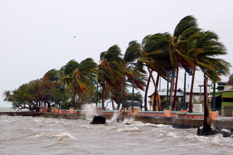 TOPSHOT - Winds lash the coastal city of Fajardo as Hurricane Maria approaches Puerto Rico, on September 19, 2017. - Maria headed towards the Virgin Islands and Puerto Rico after battering the eastern Caribbean island of Dominica, with the US National Hurricane Center warning of a "potentially catastrophic" impact. (Photo by Ricardo ARDUENGO / AFP) (Photo by RICARDO ARDUENGO/AFP via Getty Images)