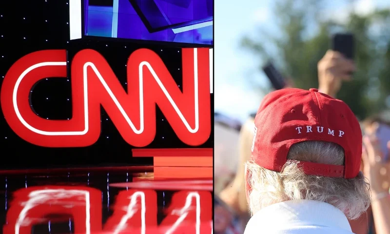 (L)LAS VEGAS, NV - OCTOBER 13: A general view shows the stage during a walk-through before a Democratic presidential debate sponsored by CNN and Facebook at Wynn Las Vegas on October 13, 2015 in Las Vegas, Nevada. Five Democratic presidential candidates are scheduled to participate in the party's first presidential debate. (Photo by Alex Wong/Getty Images) / (R)BEDMINSTER, NEW JERSEY - AUGUST 13: Former President Donald Trump signs autographs hits his shot from the 16th tee during day three of the LIV Golf Invitational - Bedminster at Trump National Golf Club on August 13, 2023 in Bedminster, New Jersey. (Photo by Mike Stobe/Getty Images)