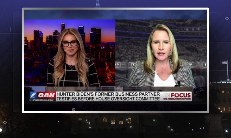 Video still from Liz Harrington's interview with In Focus on One America News Network