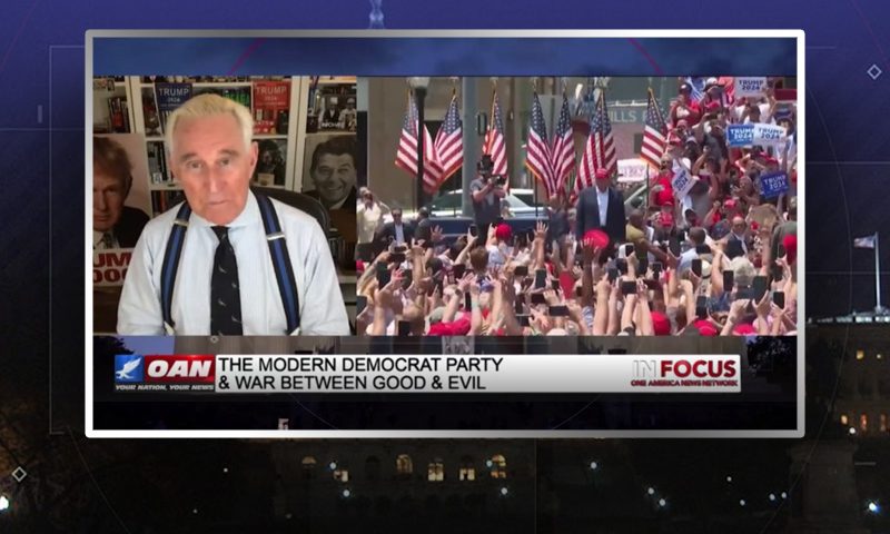 Video still from Roger Stone's interview with In Focus on One America News Network