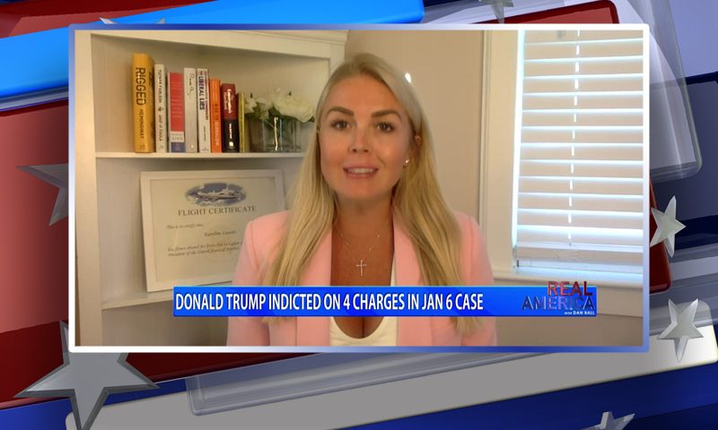 Video still from Karoline Leavitt's interview with Real America on One America News Network
