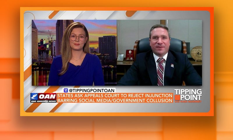 Video still from Andrew Bailey's interview with Tipping Point on One America News Network