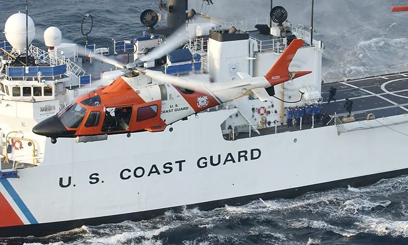 NEW YORK - AUGUST 28: In this handout image provided by the U.S. Coast Guard, a Coast Guard maritime security force practices fast-roping to the Coast Guard cutter Seneca's flight deck August 28, 2004 eight miles south of Rockaway, New York. Armed U.S. Coast Guard helicopters will conduct security patrols over New York City during the Republican National Convention. (Photo by Mike Hvozda/U.S. Coast Guard via Getty Images)