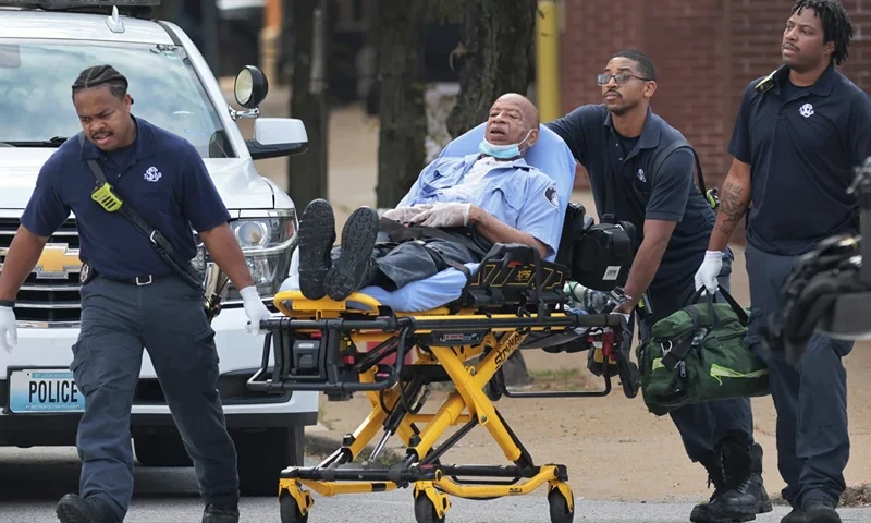 A correction officer from the St. Louis Justice Center, the city jail in downtown St. Louis, is taken from the facility by paramedics after a guard was reportedly taken hostage, Aug. 22, 2023. Six inmates at the downtown St. Louis jail are now facing charges in last week’s abduction of a 73-year-old jail guard. The St. Louis Circuit Attorney’s office confirmed the charges on Monday, Aug. 28. (Robert Cohen/St. Louis Post-Dispatch via AP, File)