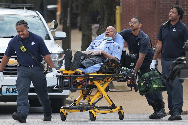 A correction officer from the St. Louis Justice Center, the city jail in downtown St. Louis, is taken from the facility by paramedics after a guard was reportedly taken hostage, Aug. 22, 2023. Six inmates at the downtown St. Louis jail are now facing charges in last week’s abduction of a 73-year-old jail guard. The St. Louis Circuit Attorney’s office confirmed the charges on Monday, Aug. 28. (Robert Cohen/St. Louis Post-Dispatch via AP, File)
