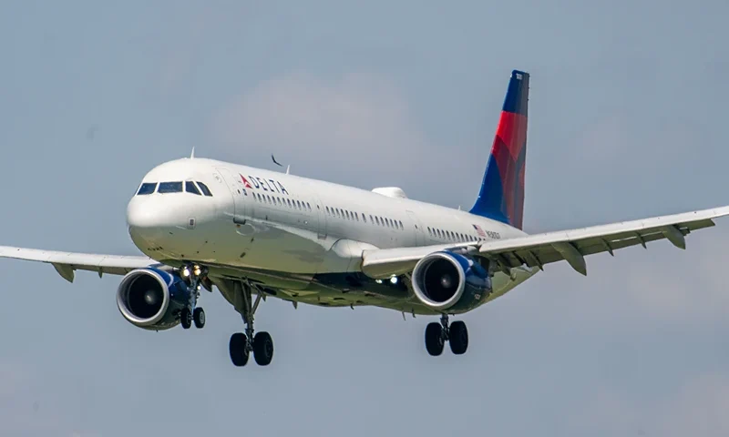AUSTIN, TEXAS - APRIL 13: A Delta Air lines flight arrives at the Austin-Bergstrom International Airport on April 13, 2023 in Austin, Texas. Delta Air Lines reported a $353 million loss for its first fiscal quarter. (Photo by Brandon Bell/Getty Images)