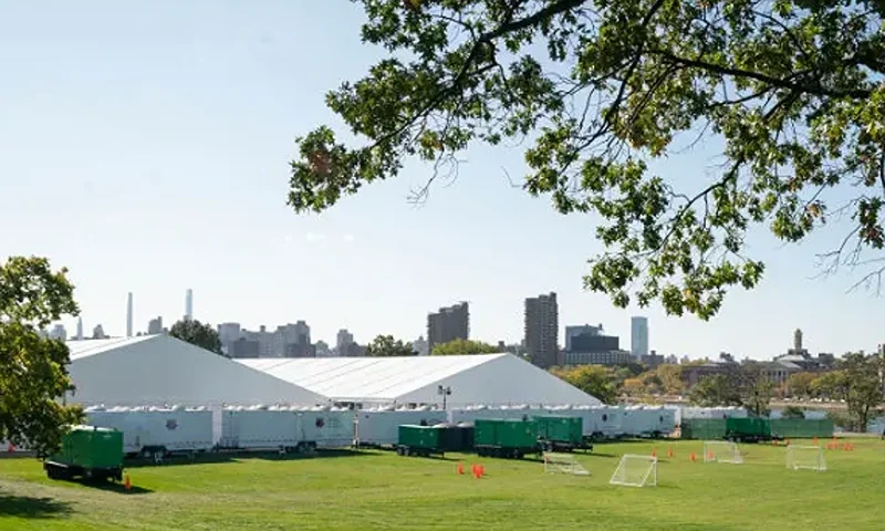 A soccer field is pictured at Randalls Island Humanitarian Emergency Response and Relief Center on Thursday, Oct. 20, 2022, in New York City. (Barry Williams/New York Daily News/Tribune News Service via Getty Images)