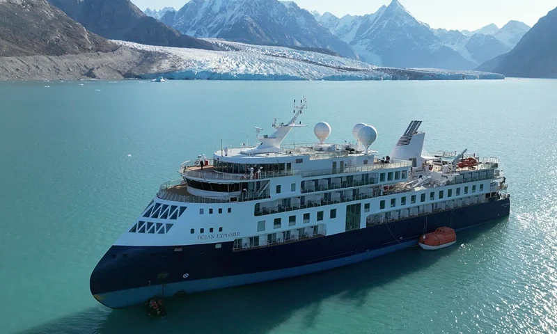 A view of the Ocean Explorer, a Bahamas-flagged Norwegian cruise ship with 206 passengers and crew, which has run aground in northwestern Greenland is pictured on Tuesday, Sept. 12, 2023. The 104.4-meter (343-foot) long and 18-meter (60 foot) wide Ocean Explorer ran aground on Monday in Alpefjord in the Northeast Greenland National Park. Another attempt to pull free a luxury cruise ship with 206 people that ran aground in the world’s northernmost national park has failed by using the high tide. It was the third attempt to free the MV Ocean Explorer. (SIRIUS/Joint Arctic Command via AP)