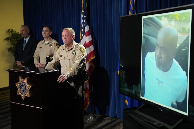 Las Vegas Sheriff Kevin McMahill speaks during a news conference on an indictment in the 1996 murder of rapper Tupac Shakur, Friday, Sept. 29, 2023, in Las Vegas. (AP Photo/John Locher)