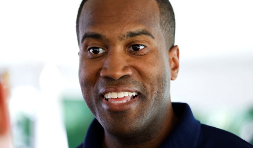 LEONARD, MI - AUGUST 5: John James, Michigan Republican candidate for the U.S. Senate, campaigns at the Johnstone Supply Picnic at Adison Oaks County Park August 5, 2018 in Leonard, Michigan. James, a West Point graduate and Iraq war veteran, has received President Trump's endorsement. (Photo by Bill Pugliano/Getty Images)