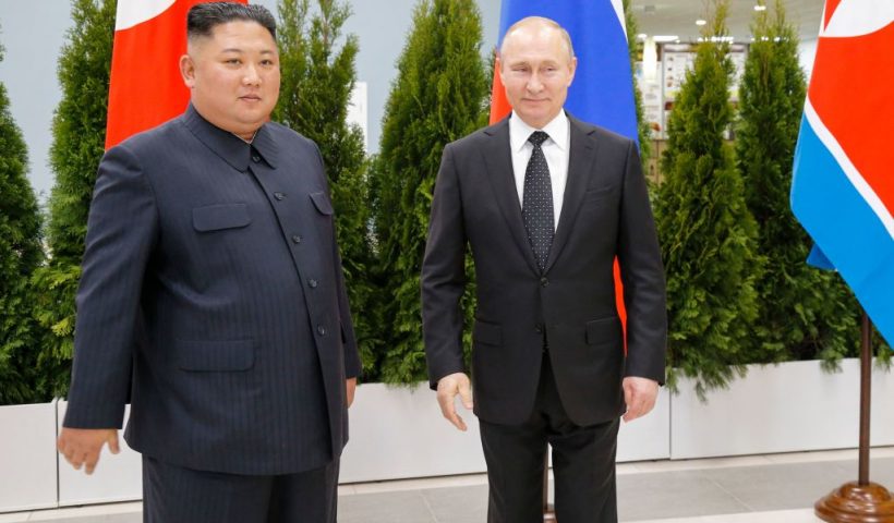 Russian President Vladimir Putin and North Korean leader Kim Jong Un pose for pictures prior to their talks at the Far Eastern Federal University campus on Russky island in the far-eastern Russian port of Vladivostok on April 25, 2019. (Photo by Alexander Zemlianichenko / POOL / AFP) (Photo by ALEXANDER ZEMLIANICHENKO/POOL/AFP via Getty Images)