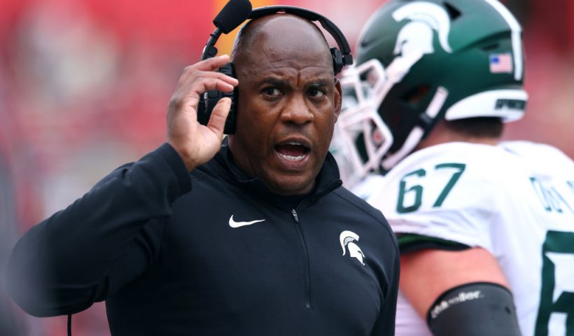 PISCATAWAY, NJ - OCTOBER 09 : Head coach Mel Tucker of the Michigan State Spartans reacts on the sidelines during the second half of a game against the Rutgers Scarlet Knights at SHI Stadium on October 9, 2021 in Piscataway, New Jersey. Michigan State defeated Rutgers 31-13. (Photo by Rich Schultz/Getty Images)