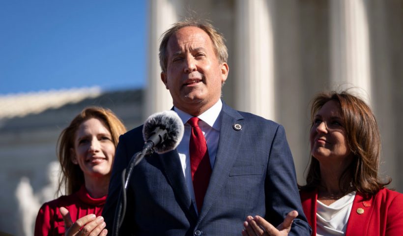 WASHINGTON, DC - NOVEMBER 01: Texas Attorney General Ken Paxton speaks outside the U.S. Supreme Court on November 01, 2021 in Washington, DC. On Monday, the Supreme Court heard arguments in a challenge to the controversial Texas abortion law which bans abortions after 6 weeks. (Photo by Drew Angerer/Getty Images)