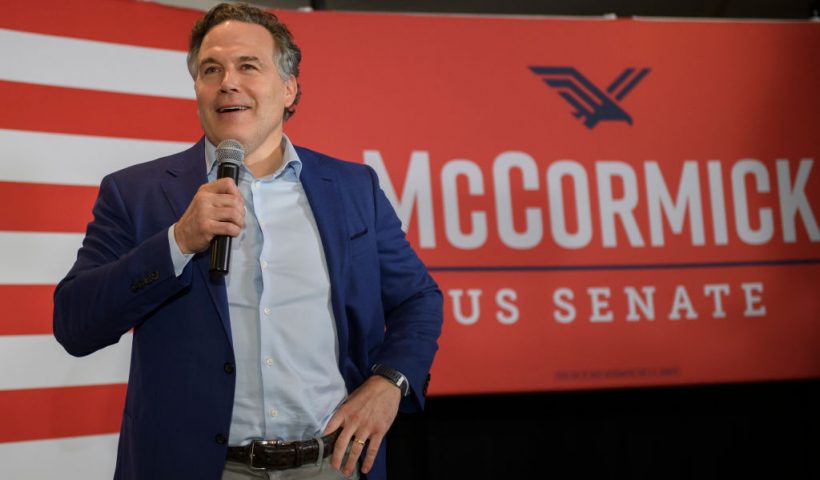 PITTSBURGH, PA - MAY 17: Pennsylvania Republican Senate candidate Dave McCormick speaks to supporters at the Indigo Hotel during a primary election night event on May 17, 2022 in Pittsburgh, Pennsylvania. Polls reveal McCormick holds a close lead over Dr. Mehmet Oz as the Republican primary race is still too close to call. (Photo by Jeff Swensen/Getty Images)