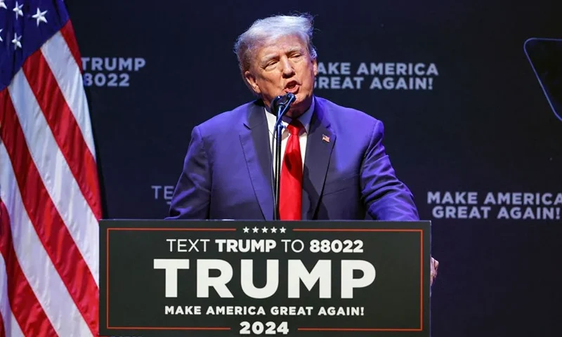 Former US President Donald Trump speaks about education policy at the Adler Theatre in Davenport, Iowa on March 13, 2023. (Photo by KAMIL KRZACZYNSKI / AFP) (Photo by KAMIL KRZACZYNSKI/AFP via Getty Images)