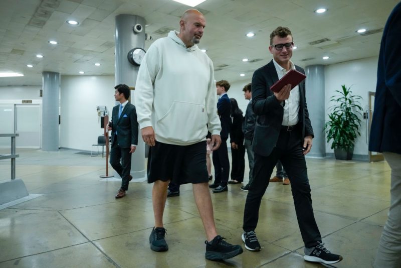 WASHINGTON, DC - JUNE 12: Sen. John Fetterman (D-PA) walks through the Senate subway on his way to a nomination vote at the U.S. Capitol on June 12, 2023 in Washington, DC. The Senate is returning to work Monday evening after the weekend. (Photo by Drew Angerer/Getty Images)