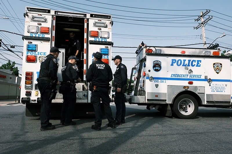 Armed Man In Car Arrested Outside Police Precinct In The Bronx
NEW YORK, NEW YORK - JULY 08: Police gather at a crime scene following a stand-off in front of the 45th Police Precinct in the Bronx on July 08, 2021 in New York City. An armed man in an SUV brandished a gun in front of the precinct with reports of shots fired before he was apprehended. Eric Adams, the democratic winner of the mayoral primary and the likely next mayor of New York City, has promised to step-up searches for illegal guns and to bring back an undercover unit of officers. (Photo by Spencer Platt/Getty Images)