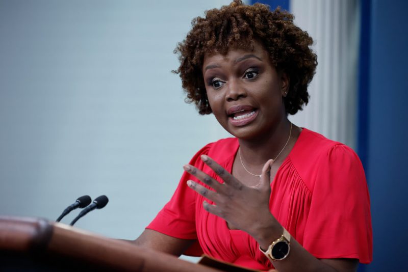 WASHINGTON, DC - MAY 16: Newly appointed White House Press Secretary Karine Jean-Pierre holds her first news conference in the Brady Press Briefing Room at the White House on May 16, 2022 in Washington, DC. Jean-Pierre stepped into her new role after former Press Secretary Jen Psaki left the White House to reportedly take a job with MSNBC. (Photo by Chip Somodevilla/Getty Images)
