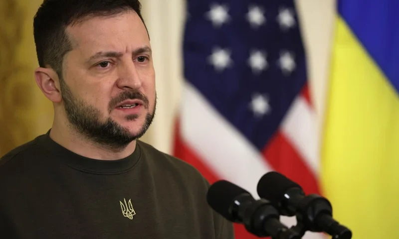 WASHINGTON, DC - DECEMBER 21: President of Ukraine Volodymyr Zelensky speaks during a joint press conference with U.S. President Joe Biden in the East Room at the White House on December 21, 2022 in Washington, DC. Zelensky is meeting with President Biden on his first known trip outside of Ukraine since the Russian invasion began, and the two leaders are expected to discuss continuing military aid. Zelensky is scheduled to address a joint meeting of Congress tonight. (Photo by Alex Wong/Getty Images)