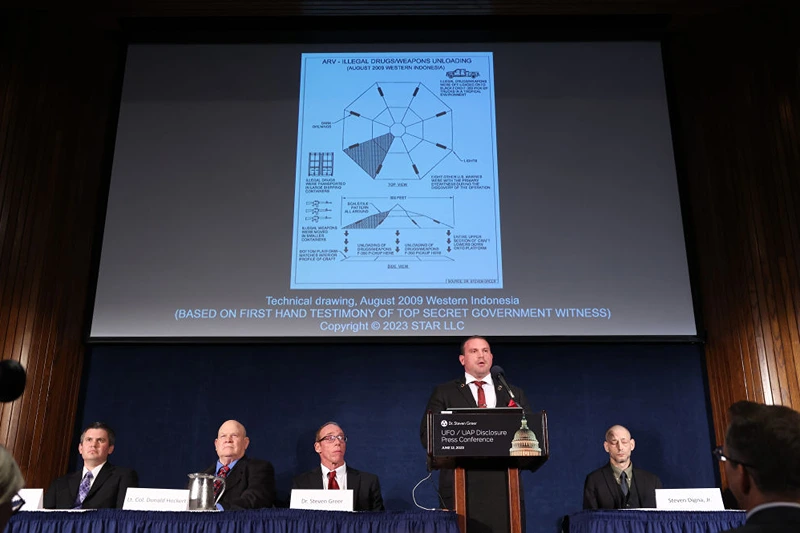 WASHINGTON, DC - JUNE 12: U.S. Marine Michael Herrera talks about his UAP encounter at a press event sponsored by Steven Greer, ufologist and founded of the Center for the Study of Extraterrestrial Intelligence and the Disclosure Project, on June 12, 2023 in Washington, DC. Greer organized the event to discuss his archive of research on UFOs consisting of government documents, whistleblower testimony and alleged locations of UFO projects sites. (Photo by Kevin Dietsch/Getty Images)
