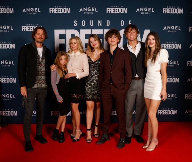 VINEYARD, UTAH - JUNE 28: Christopher Backus, Johnny Backus, Mira Sorvino, Lucia Backus, Holden Backus, Mattea Backus, and Saskia Backus attend the premiere of "Sound of Freedom" on June 28, 2023 in Vineyard, Utah. (Photo by Fred Hayes/Getty Images for Angel Studios)
