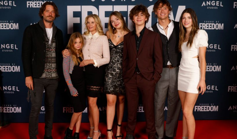 VINEYARD, UTAH - JUNE 28: Christopher Backus, Johnny Backus, Mira Sorvino, Lucia Backus, Holden Backus, Mattea Backus, and Saskia Backus attend the premiere of "Sound of Freedom" on June 28, 2023 in Vineyard, Utah. (Photo by Fred Hayes/Getty Images for Angel Studios)