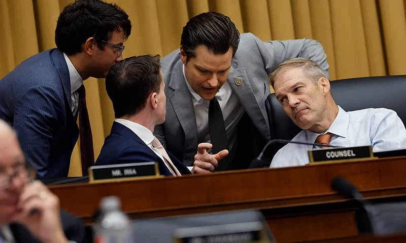 WASHINGTON, DC - JULY 13: House Judiciary Committee Chairman Jim Jordan (R-OH) (R) hears from Rep. Matt Gaetz (R-FL) during a committee hearing in the Rayburn House Office Building on Capitol Hill on July 13, 2023 in Washington, DC. The committee heard testimony from Federal Trade Commission Chair Lina Khan, whom Republican members accuse of "mismanagement," "disregard for ethics and congressional oversight" and "politicized rulemakings." (Photo by Chip Somodevilla/Getty Images)