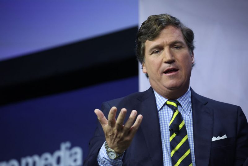 DES MOINES, IOWA - JULY 14: Former Fox News television personality Tucker Carlson speaks to guests at the Family Leadership Summit on July 14, 2023 in Des Moines, Iowa. The event, which is expected to draw several Republican presidential candidates, is billed as “The Midwest’s largest gathering of Christians seeking cultural transformation in the family, Church, government, and more.” (Photo by Scott Olson/Getty Images)